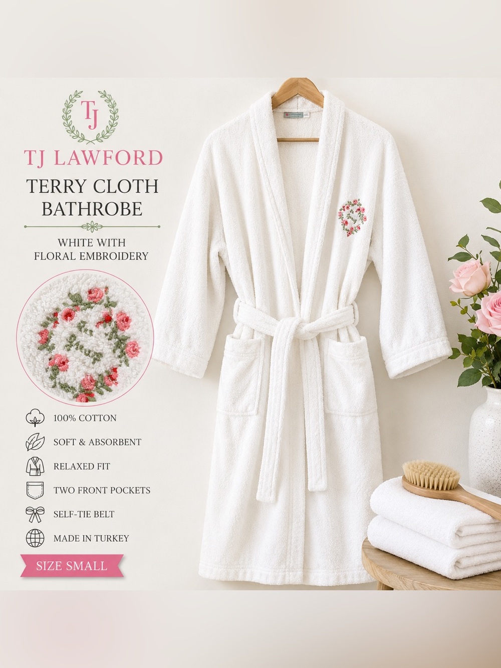 Vintage TJ Lawford White Terry Cloth Bathrobe Floral Embroidered Women’s S